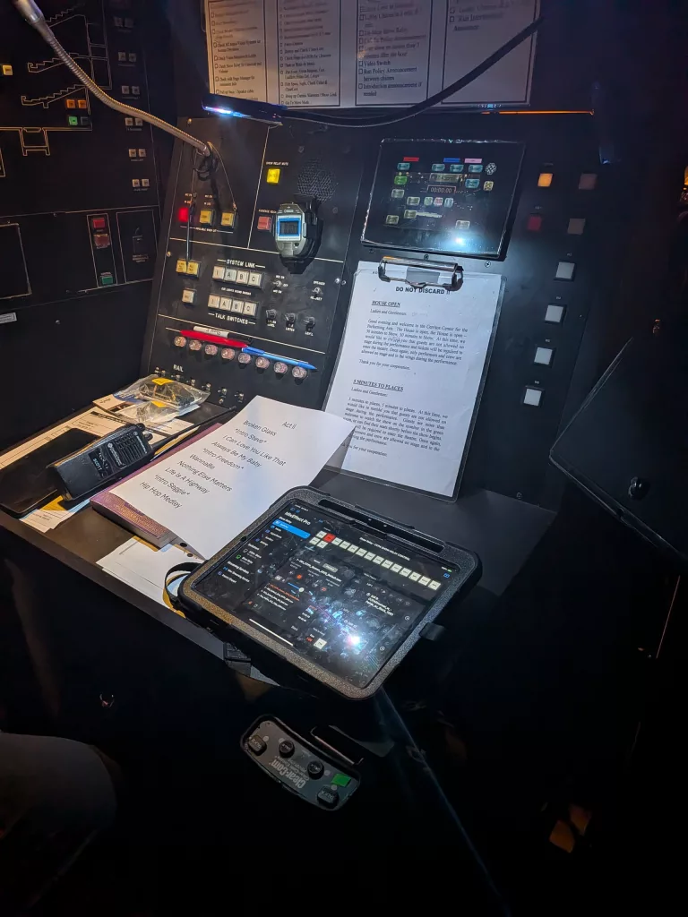 The iPad for controlling the new show relay system sitting at the stage managers panel (SMD).