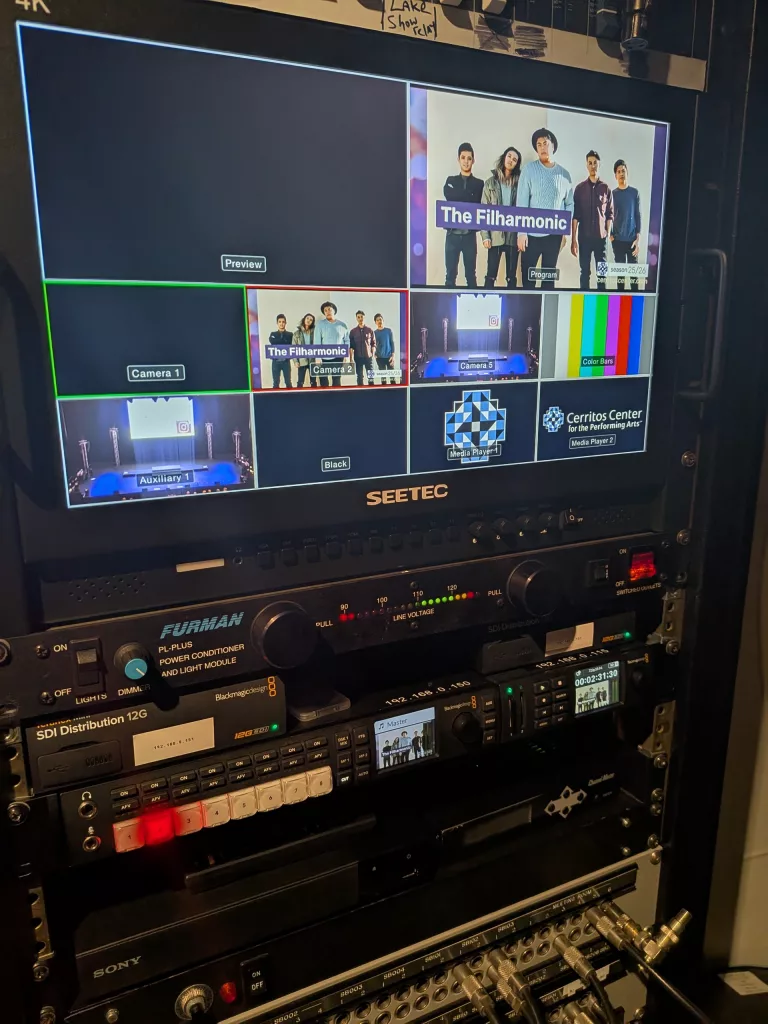 The new show relay video system rack including the Blackmagic TV studio switcher, BM Hyperdeck Studio HD, SDI distribution 12G and Seetec monitor.