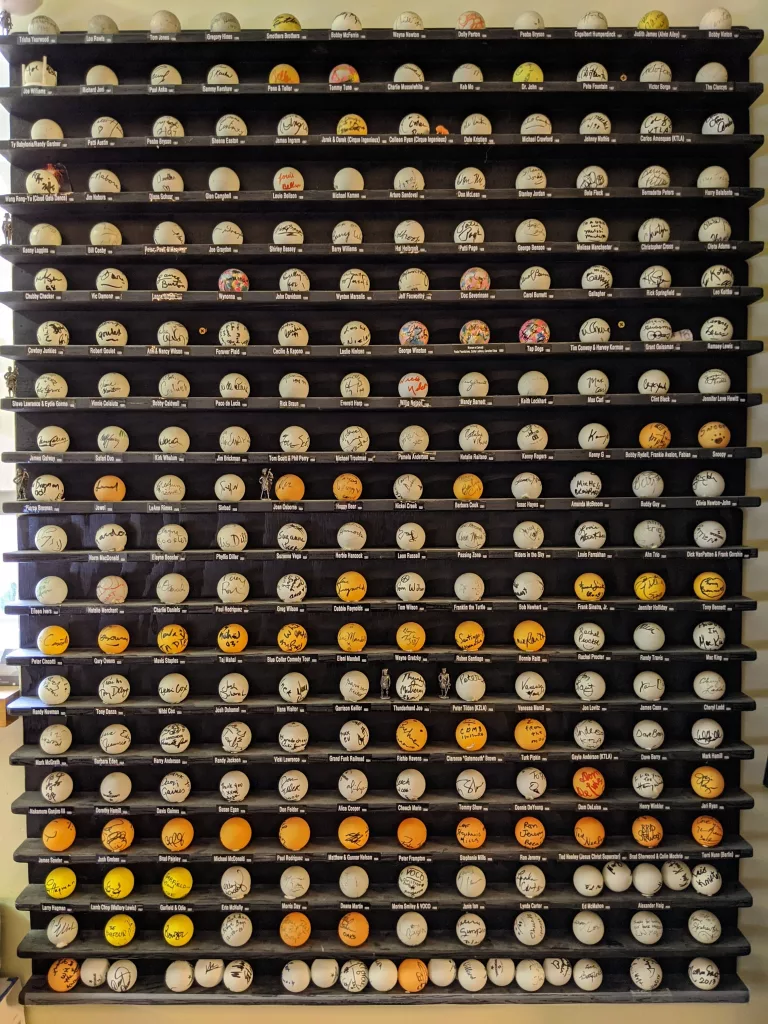 The ping pong ball collection.