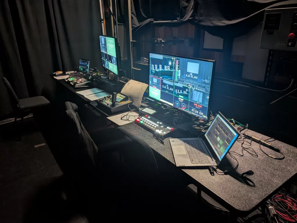 A view of the video village for the Cerritos Mayoral Transition. It sure looks nice from the front. Shown from the director's side.