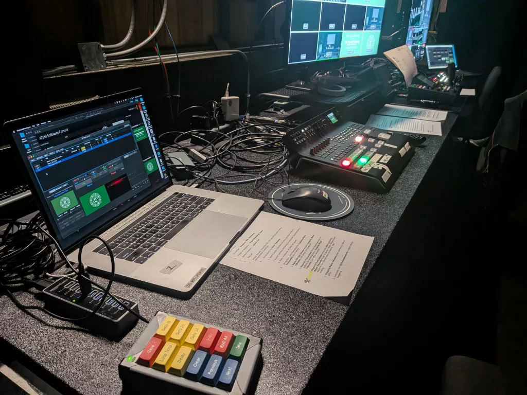 A view of the video village for the Cerritos Mayoral Transition. It sure looks nice from the front. Shown from my seat at the video projection and Imag (Image Magnification) side.