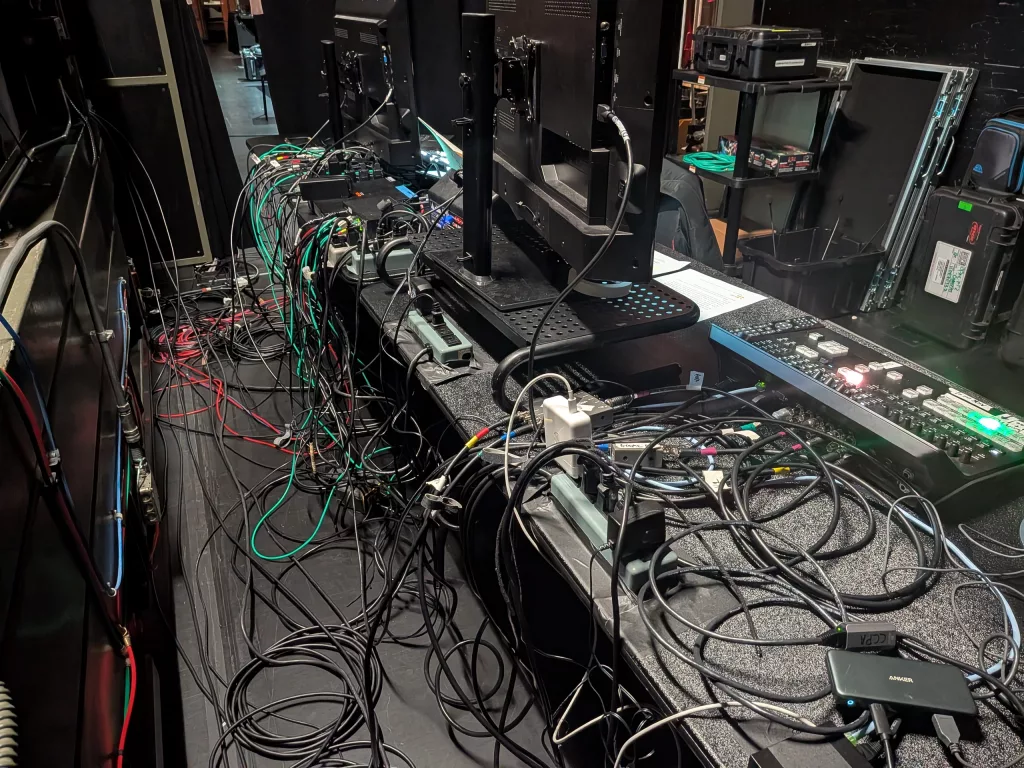 A view of the video village for the Cerritos Mayoral Transition, Shown from the back of the table. A lot of cables to remember how to run and hook up!