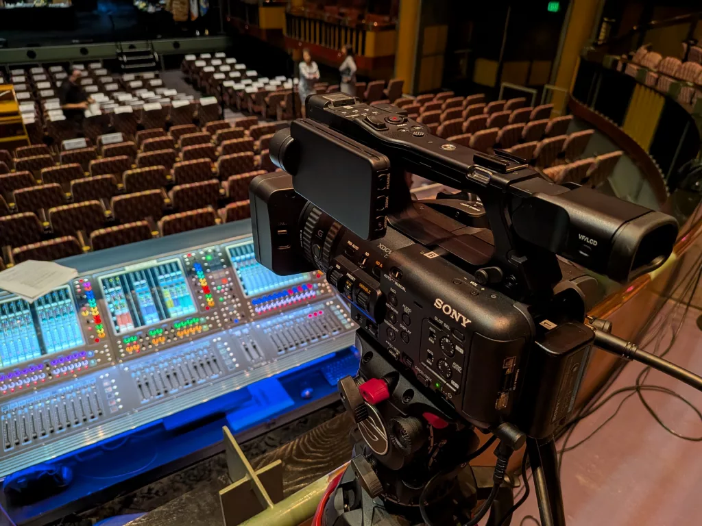 A Sony PXW-Z200 at FOH (one of two) over the DIGiiCo Quantum 338 audio desk.